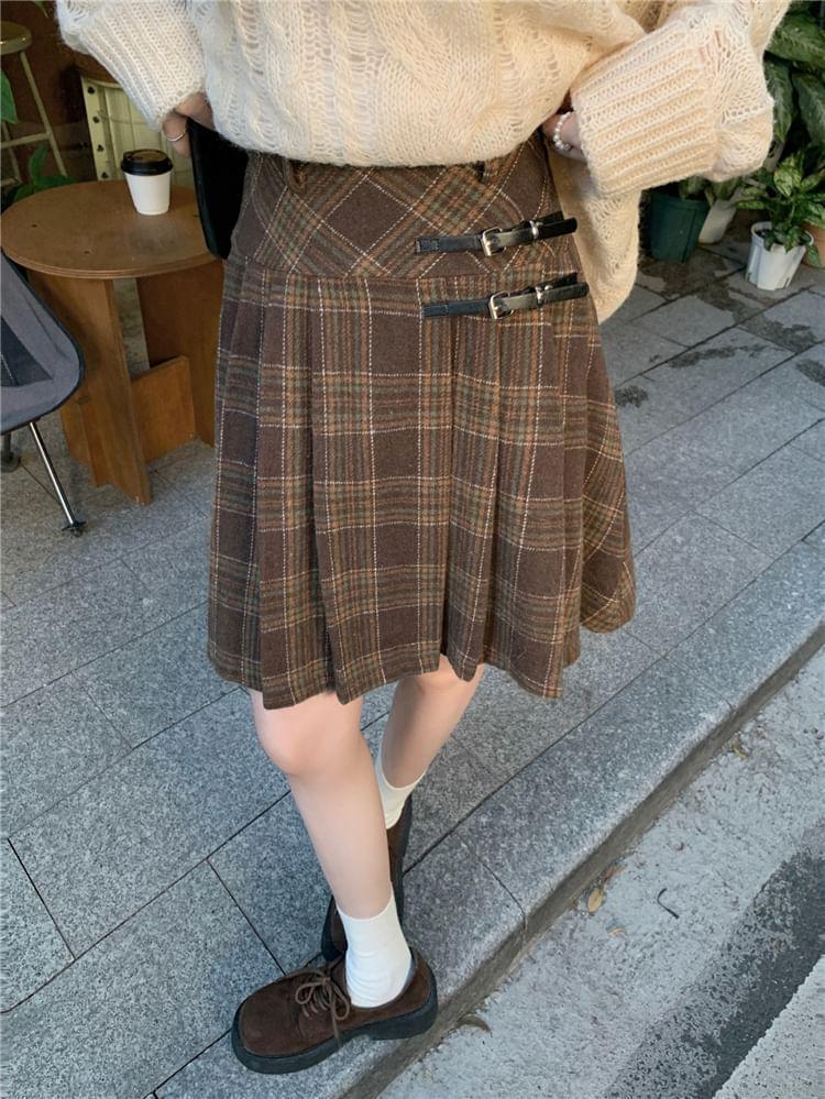 High Rise Plaid Buckled Pleated Mini A-Line Skirt Product Image