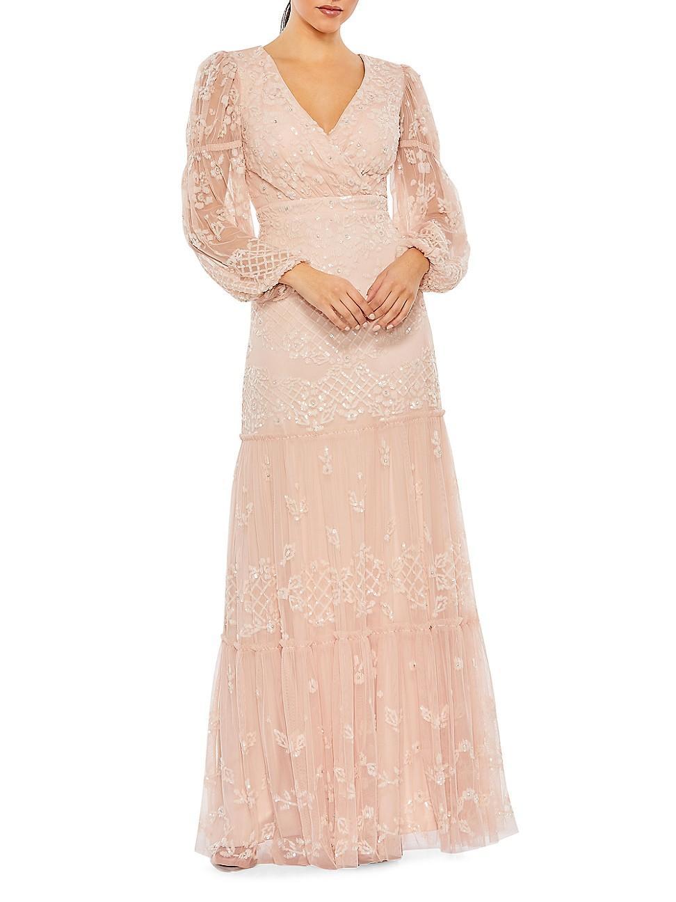 Womens Embellished Tulle Puff-Sleeve Gown Product Image