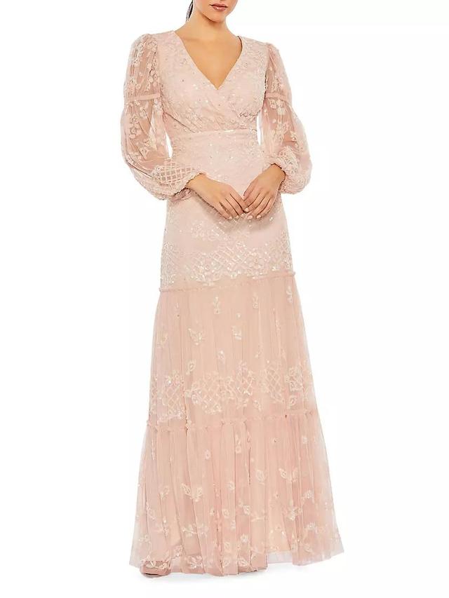 Embellished Tulle Puff-Sleeve Gown Product Image