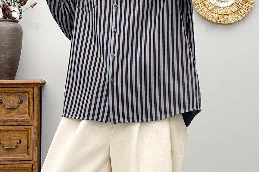 Long Sleeve Lapel Collar Striped Button Shirt Product Image