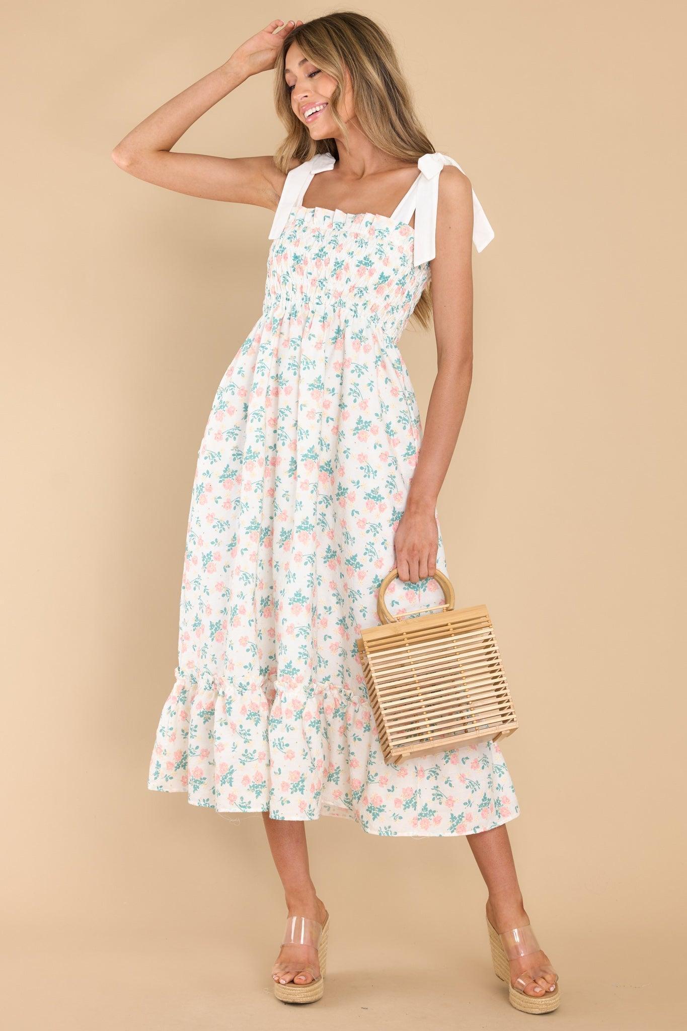 Camera Shy Peach Floral Print Cotton Midi Dress Product Image