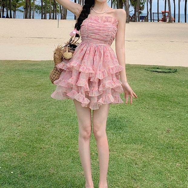 Strapless Floral Ruffle Trim Mini A-Line Dress Product Image