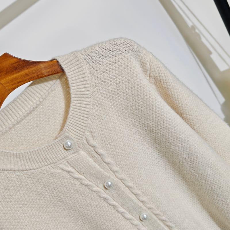 Round Neck Plain Faux Pearl Cardigan Product Image