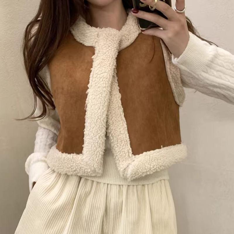 Round Neck Faux Shearling Open Front Vest Product Image