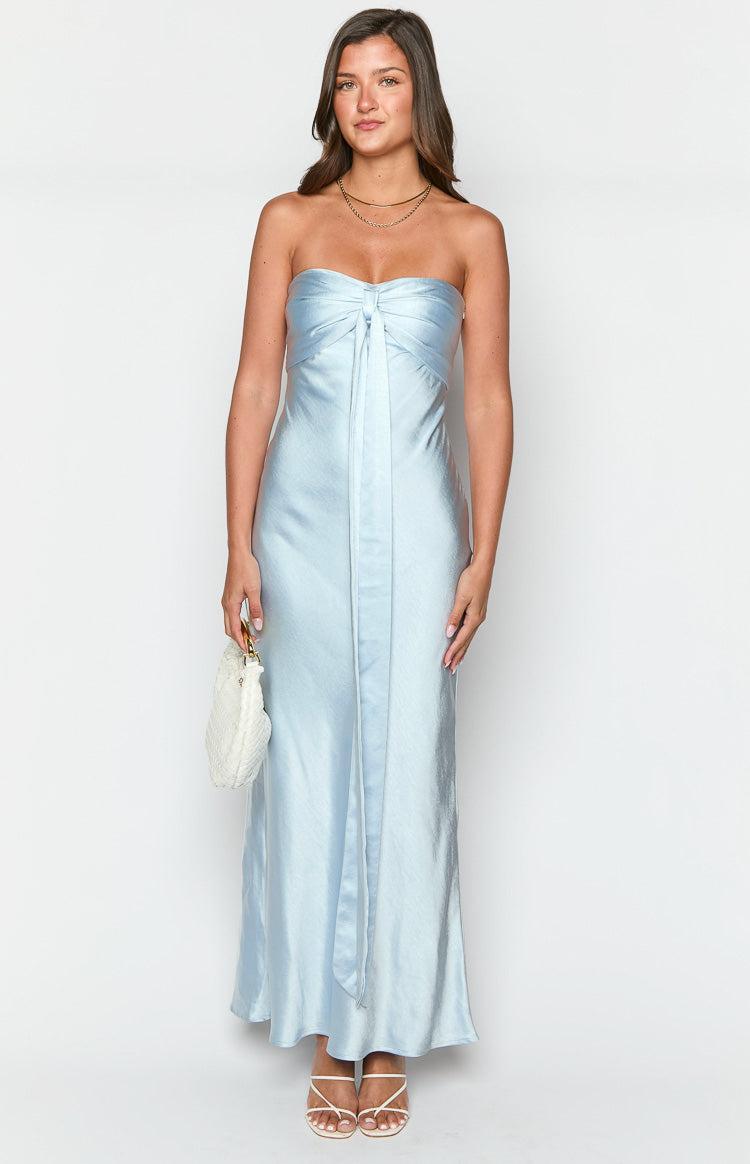 Ariella Blue Satin Strapless Maxi Dress Product Image