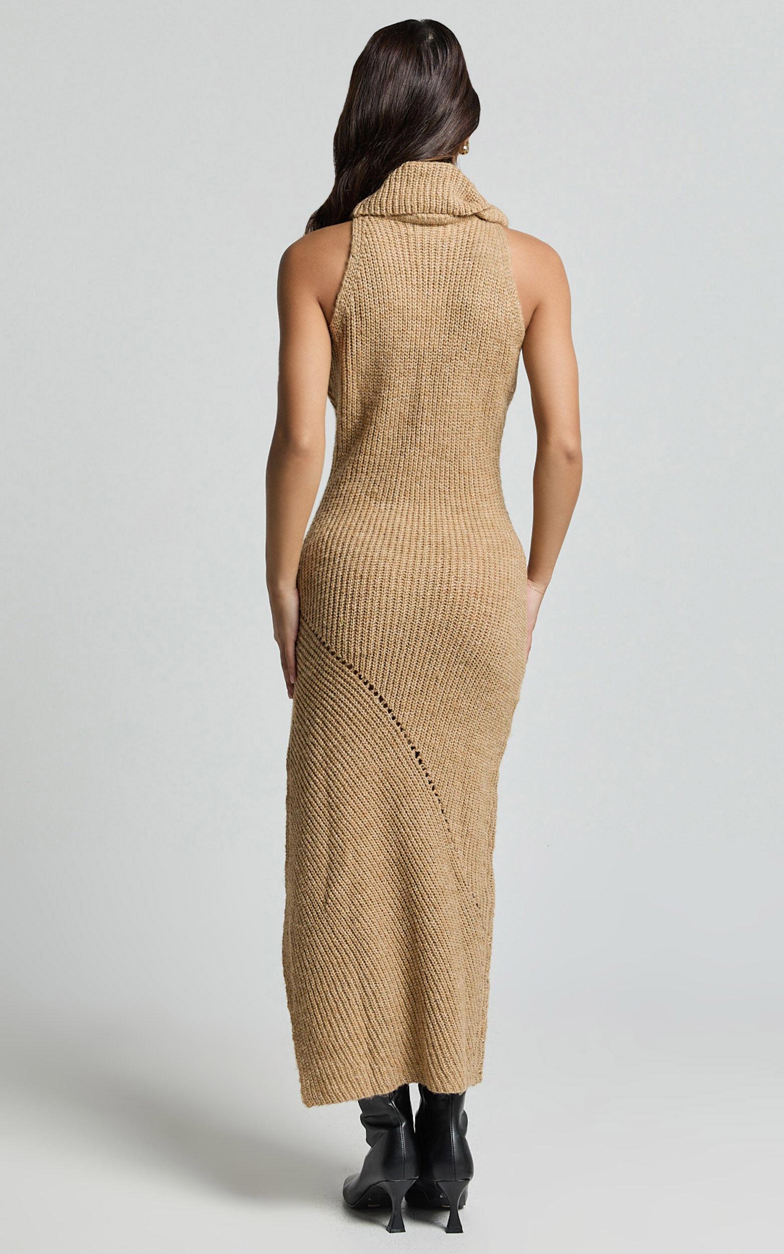 Alaina Midi Dress - Recycled Polyester Knitted Roll Neck Dress in Caramel Product Image