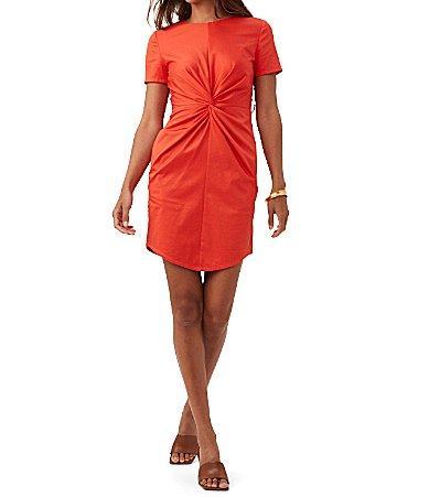 Trina Turk Organic Cotton Round Neck Short Sleeve Twist Front Detail Sheath Dress Product Image