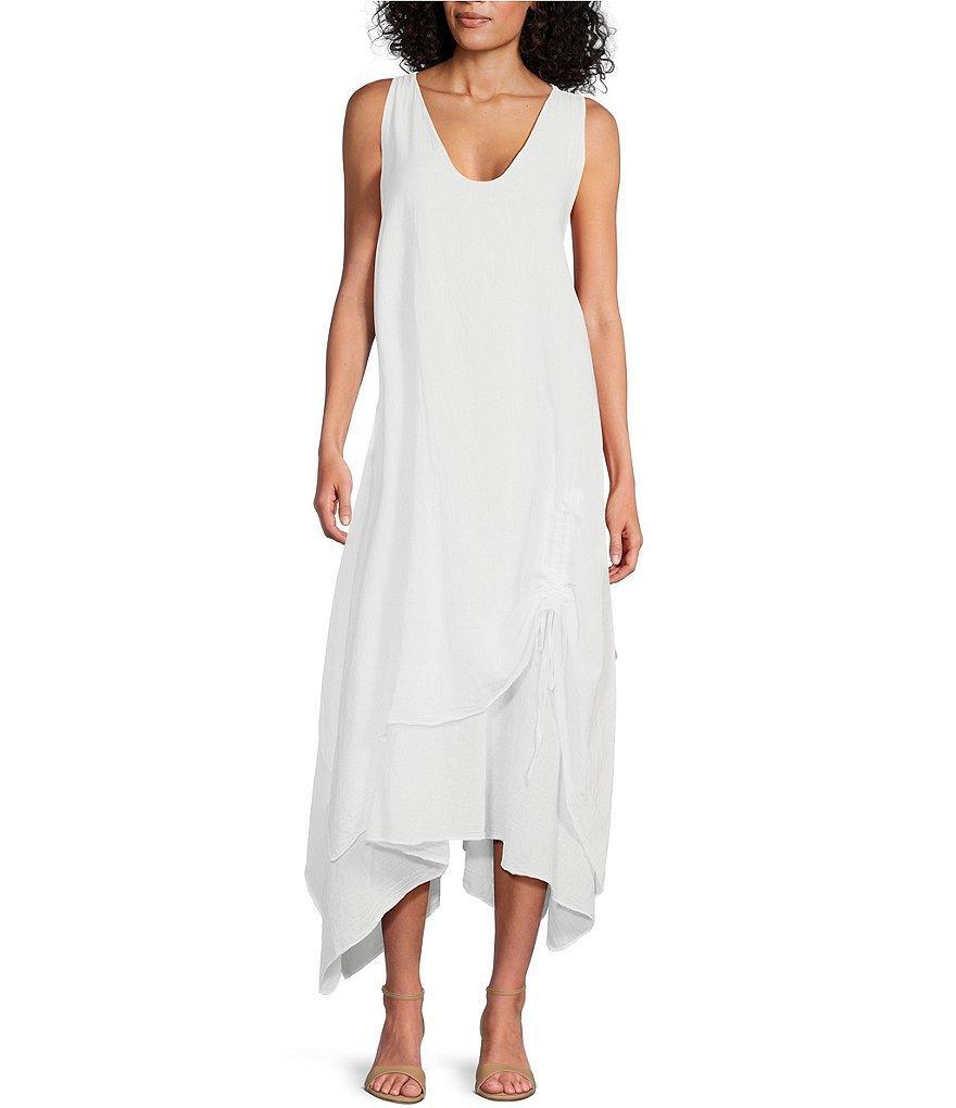 M Made In Italy Cotton Gauze V-Neck Sleeveless Layered Ruched Drawstring Midi A-Line Dress Product Image