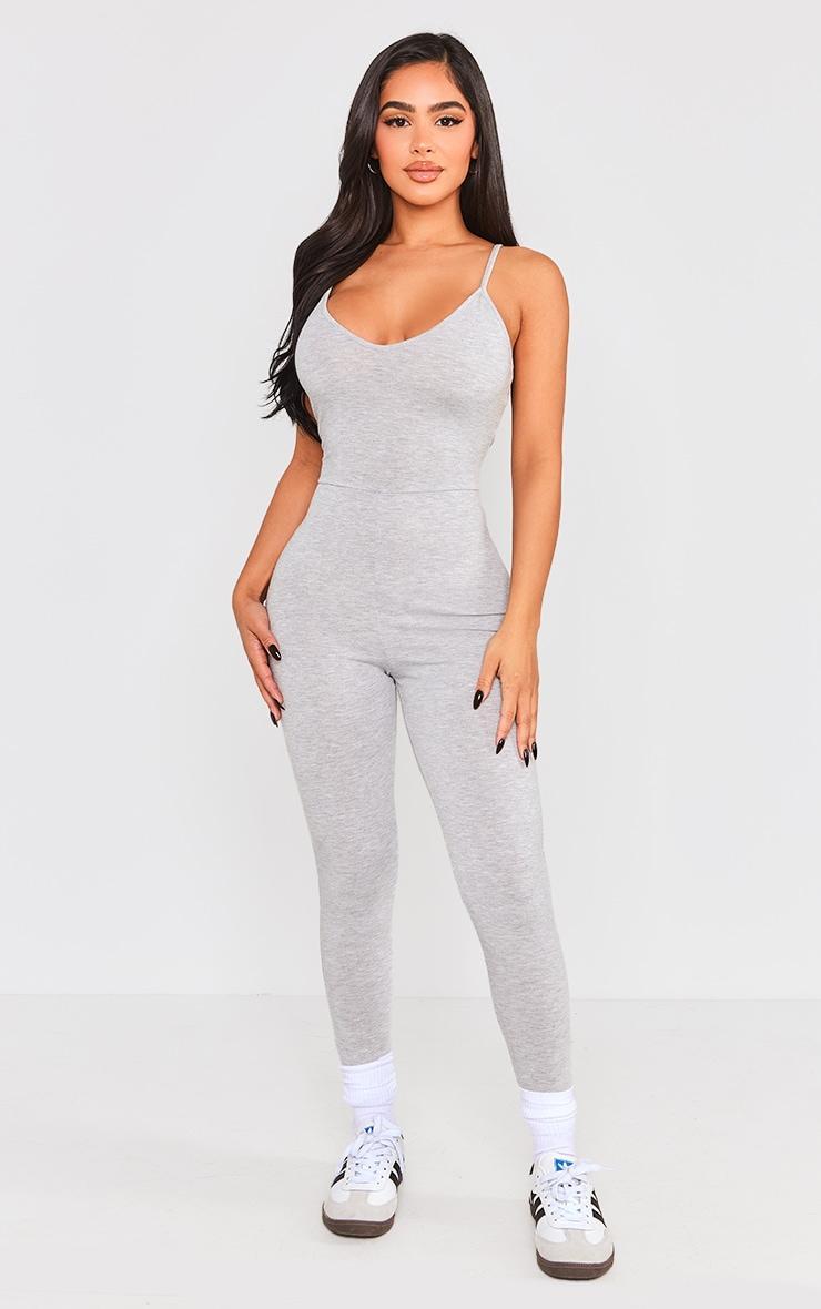 Petite Grey Marl Basic Plunge Strappy Jumpsuit Product Image