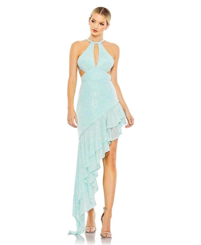 Womens Ieena Sequined Halter Cut Out Ruffle Asymmetrical Dress Product Image