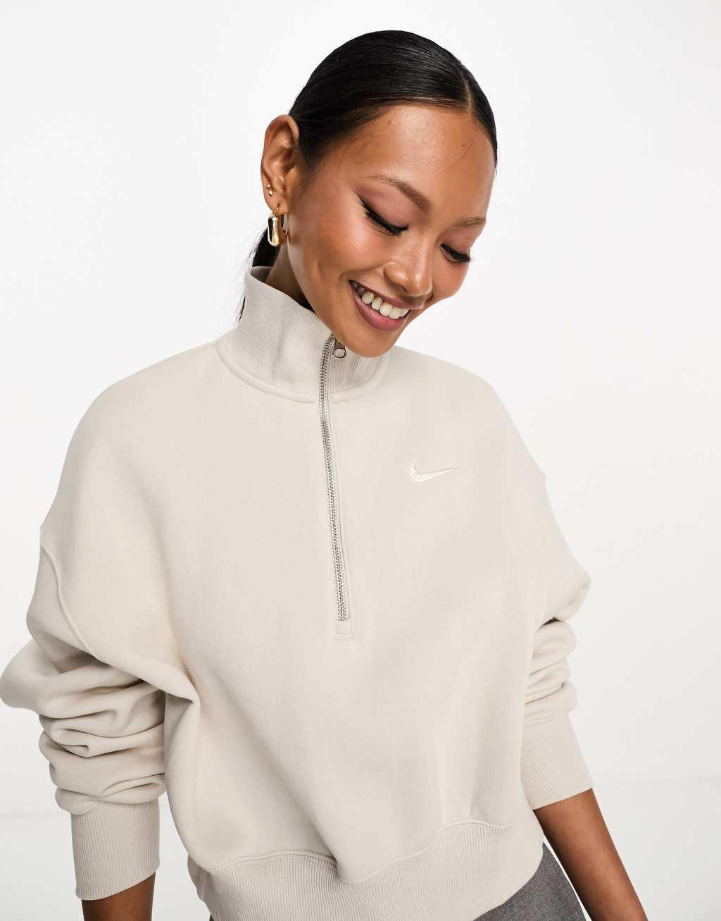 Nike Phoenix Fleece half zip sweatshirt in beige  Product Image