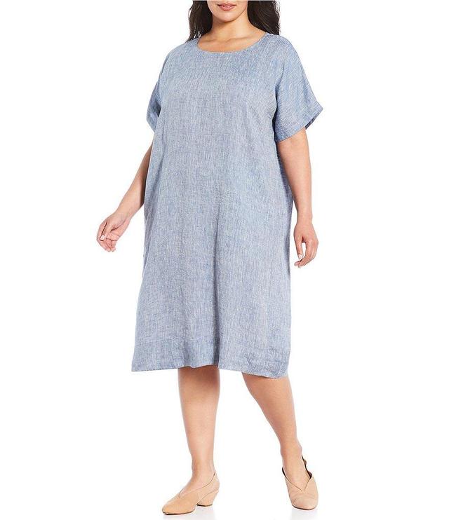 Eileen Fisher Plus Size Chambray Organic Linen Yarn Dyed Scoop Neck Short Sleeve Midi Shift Dress Product Image