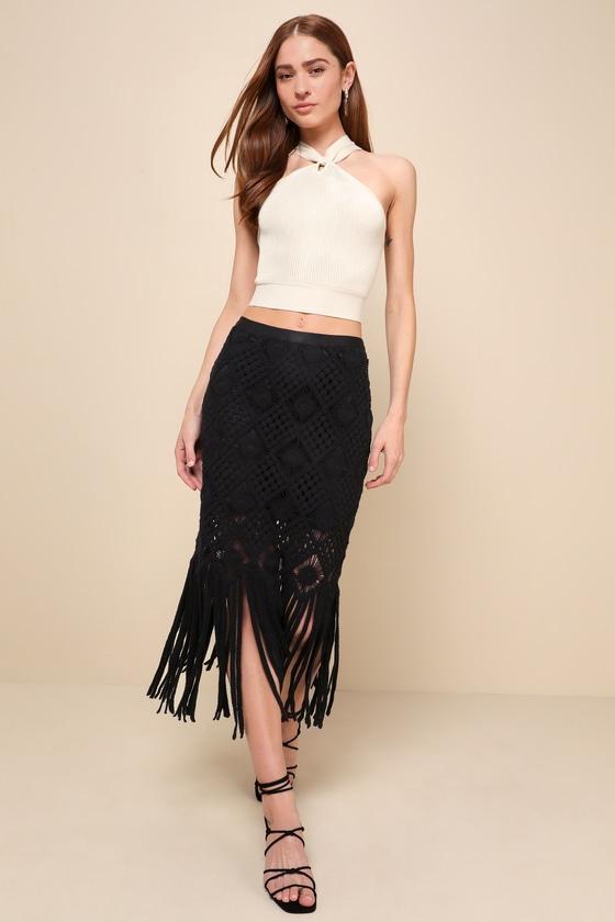 Enviable Summer Black Crochet Fringe Midi Skirt Product Image