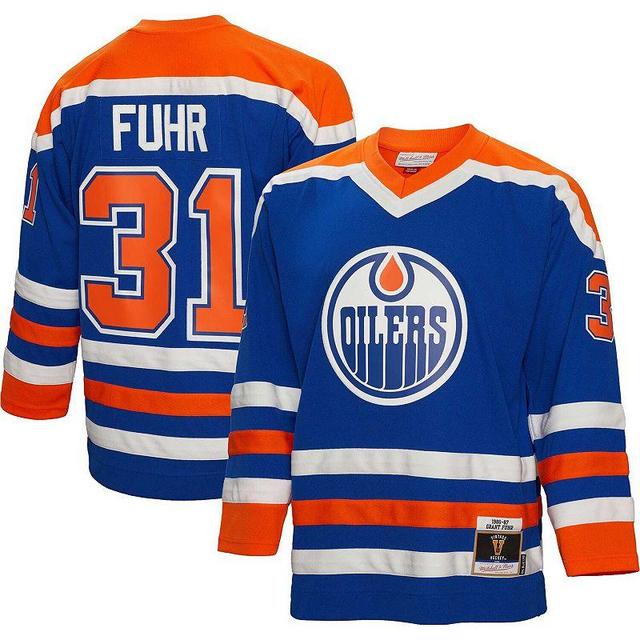 Mens Mitchell & Ness Grant Fuhr Royal Edmonton Oilers 1986 Blue Line Player Jersey Product Image