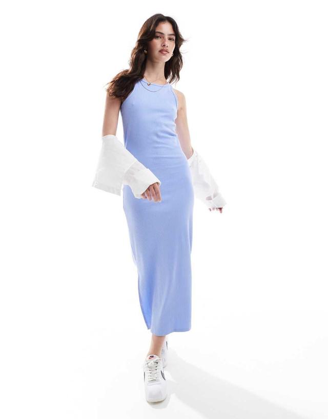 Pieces racer neck maxi dress in blue Product Image