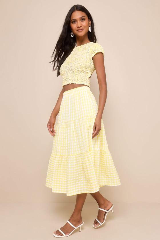 Cheerful Perfection Yellow Gingham Smocked Two-Piece Midi Dress Product Image