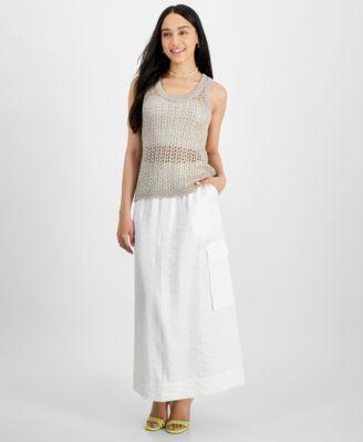 Petite Open-Stitch Metallic Sweater & Satin Drawstring-Waist Cargo Skirt, Created for Macy's product image