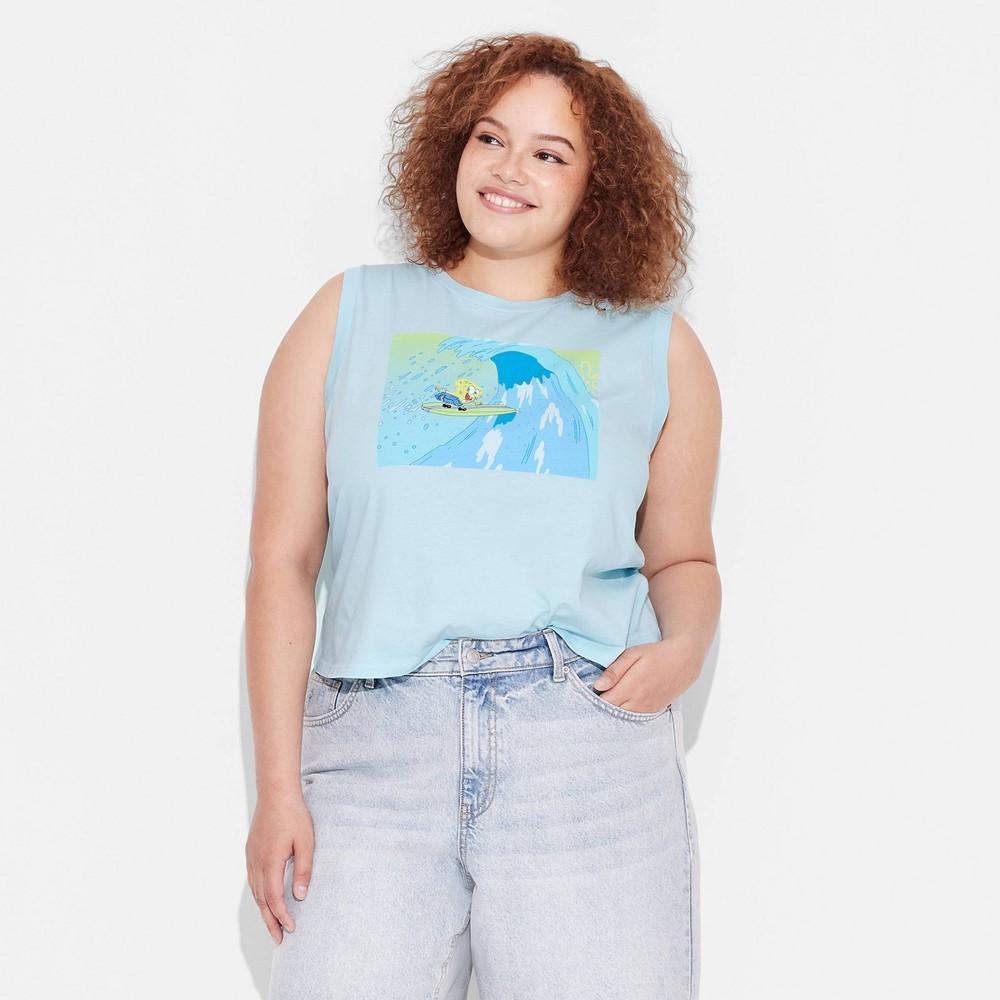 Womens SpongeBob Surfing Graphic Tank Top - Light Blue Product Image