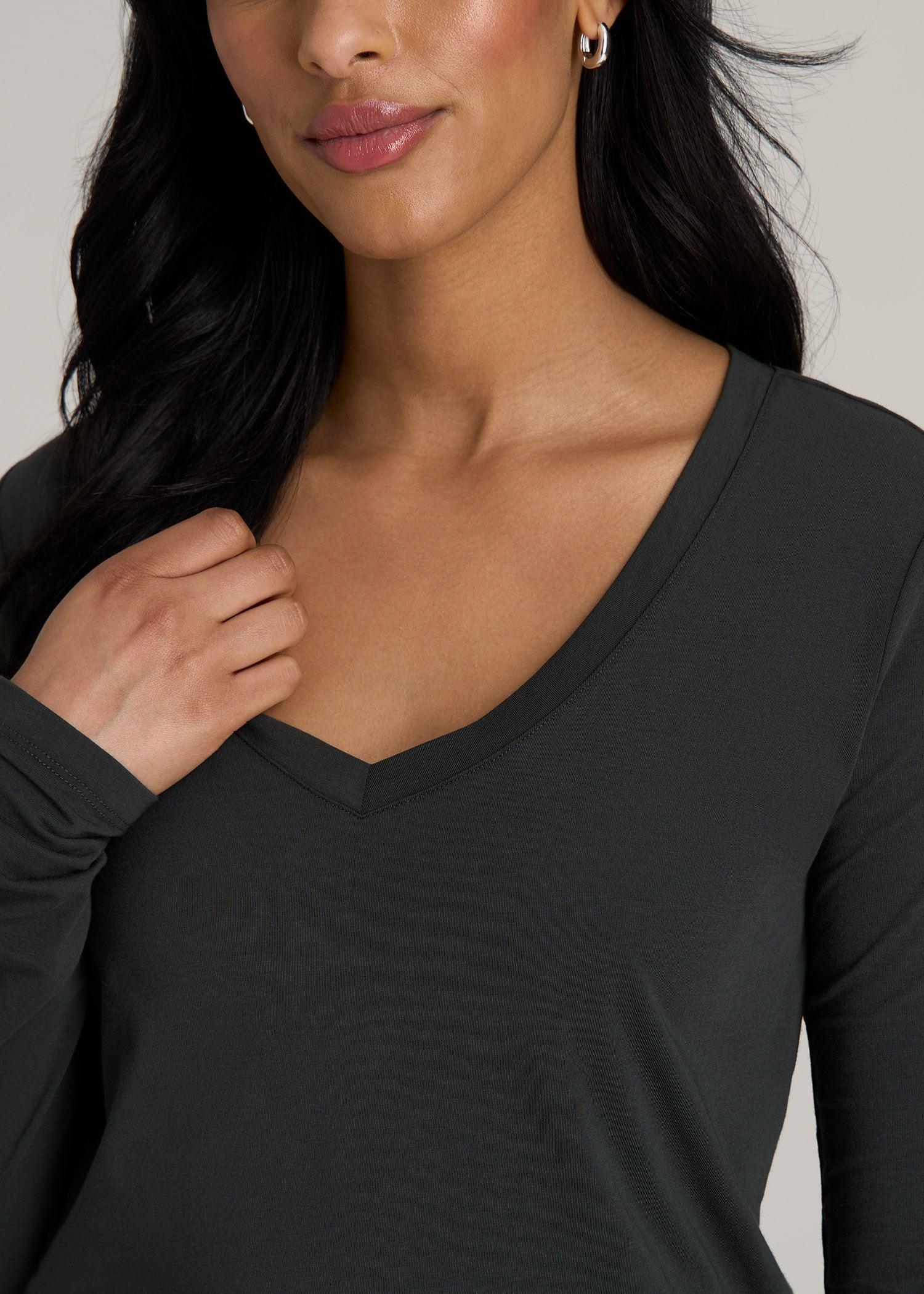 Long Sleeve Scoop V-Neck Tee Shirt for Tall Women in Pine Grove Female Product Image