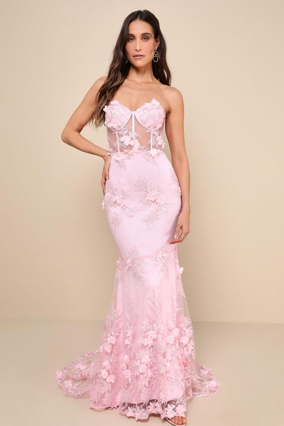 Radiant Expectations Pink Embroidered Floral Bustier Maxi Dress Product Image