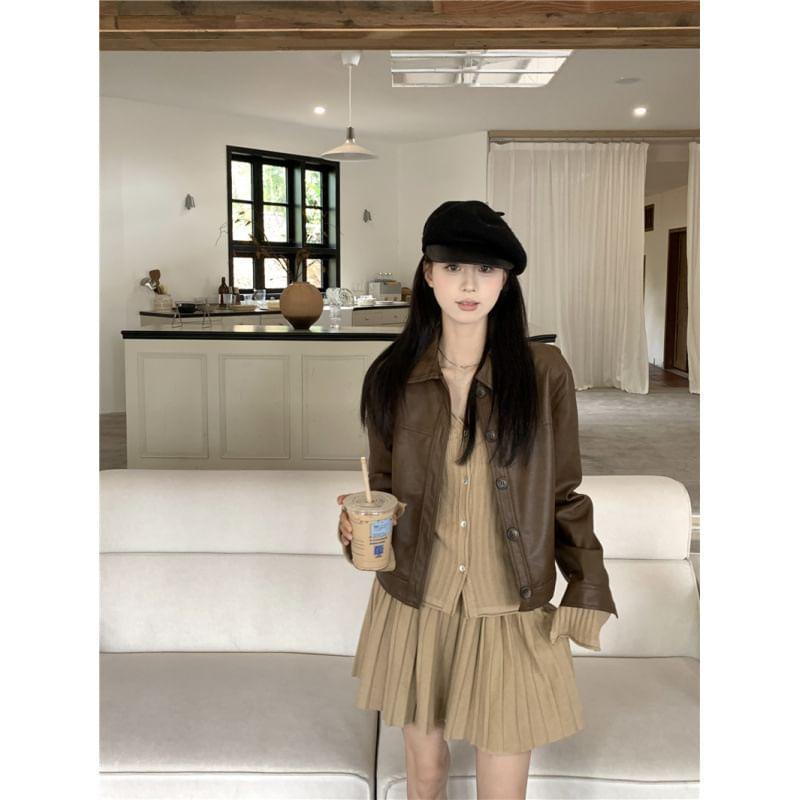 Collared Plain Faux Leather Button Jacket Product Image