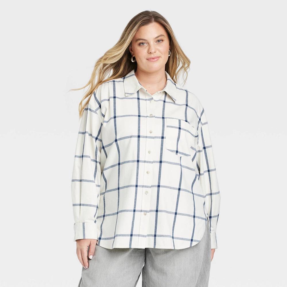 Womens Oversized Flannel Long Sleeve Collared Button-Down Shirt - Universal Thread White Plaid XXL Product Image