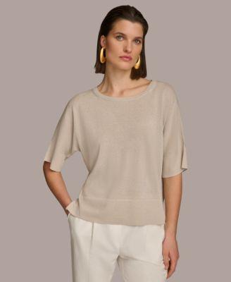 Donna Karan Womens Metallic-Knit Short-Sleeve Sweater - Sand Product Image