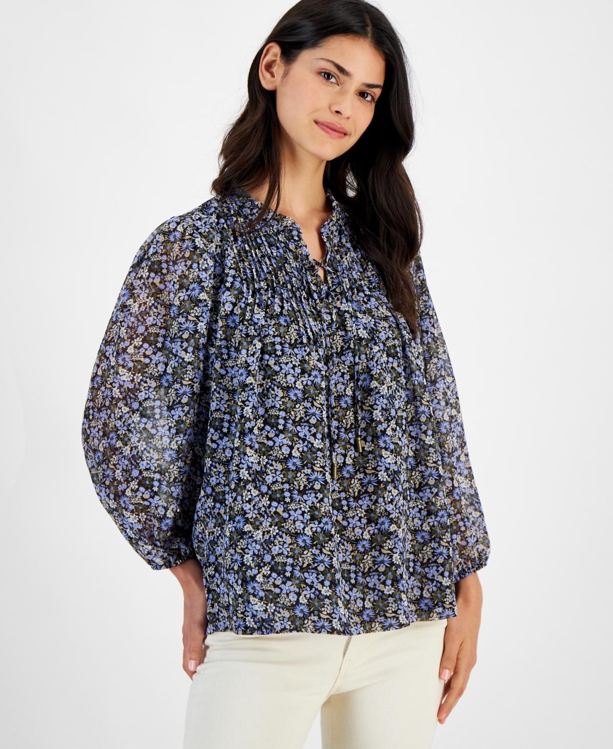 Nautica Jeans Womens Floral-Print Lace-Up Pleated Top Product Image