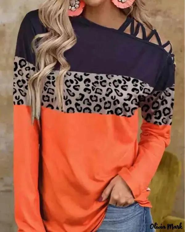 Olivia Mark – Contrast Leopard Color Block Off Shoulder Top Product Image