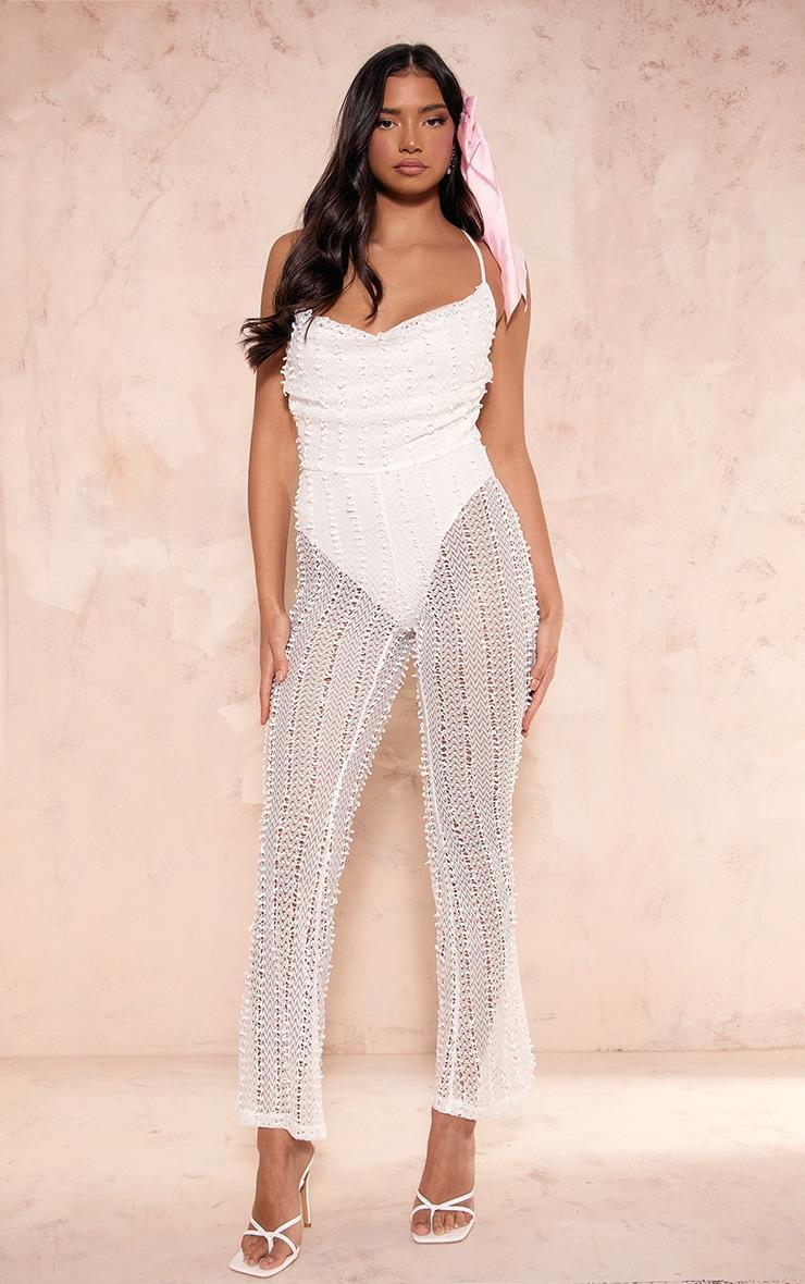 White Textured Cowl Strappy Flare Leg Jumpsuit Product Image