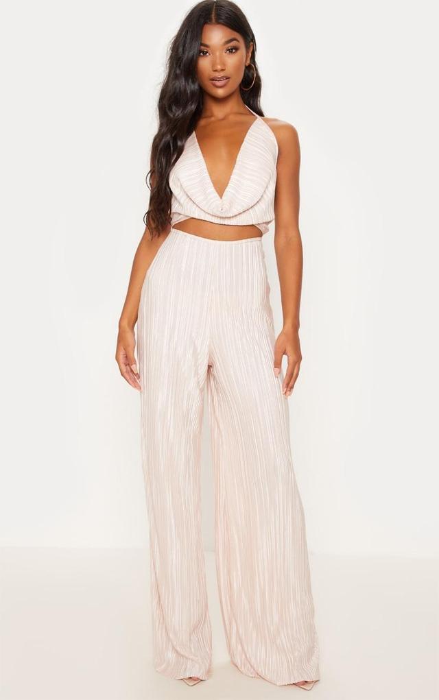 Champagne Pleated Cowl Neck Cut Out Detail Jumpsuit Product Image