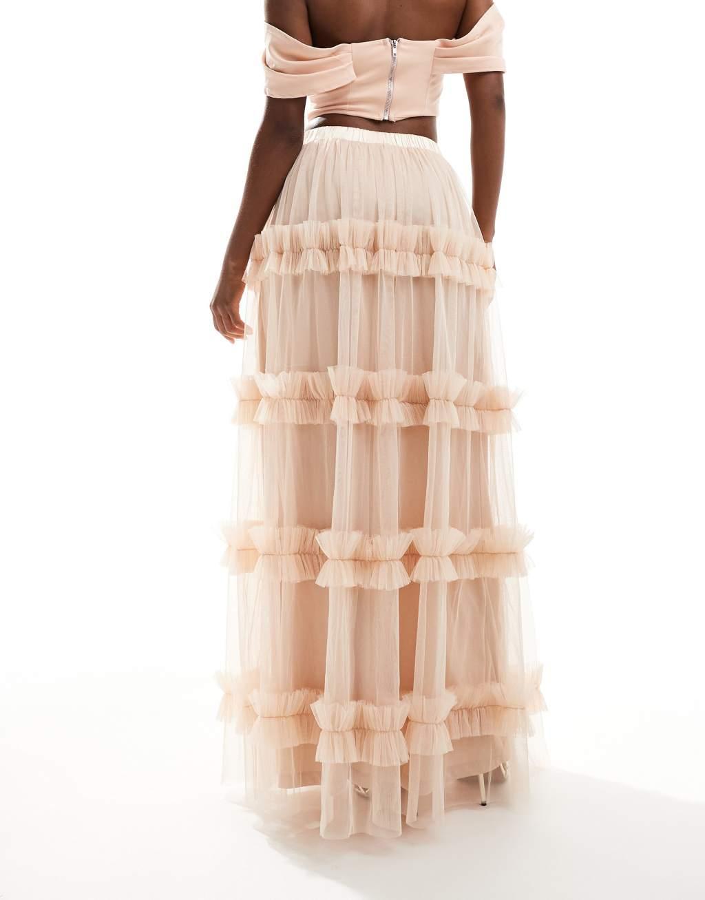 Lace & Beads tiered tulle ruffle maxi skirt in cream Product Image