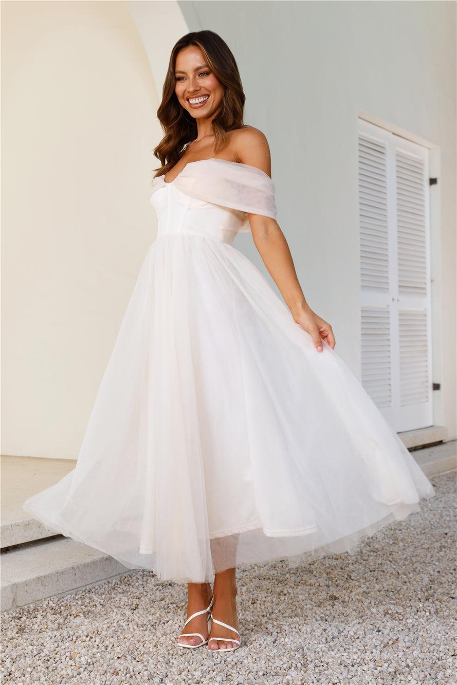 Something New Off Shoulder Tulle Midi Dress Beige product image