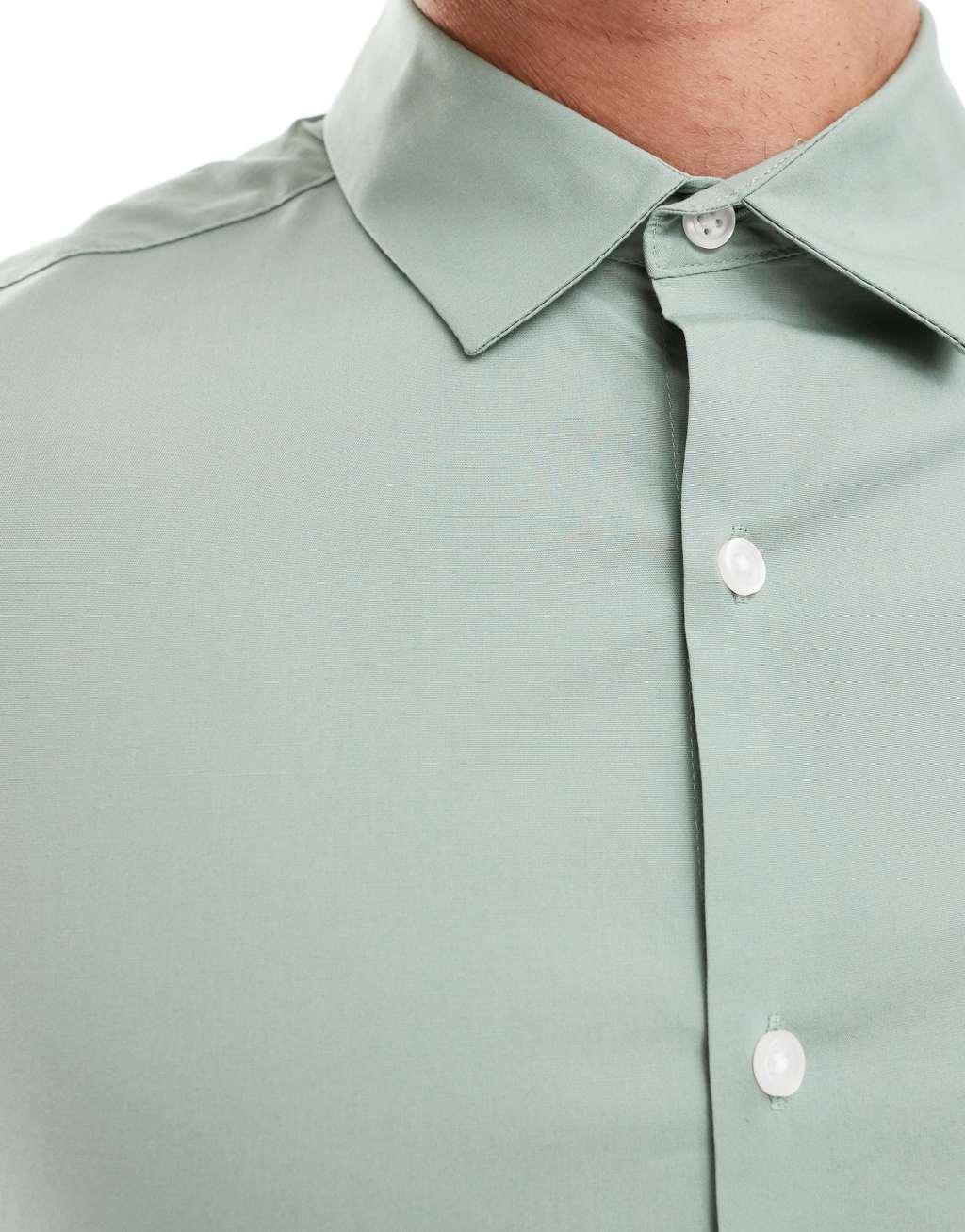 ASOS DESIGN skinny fit shirt with roll sleeves in sage green Product Image