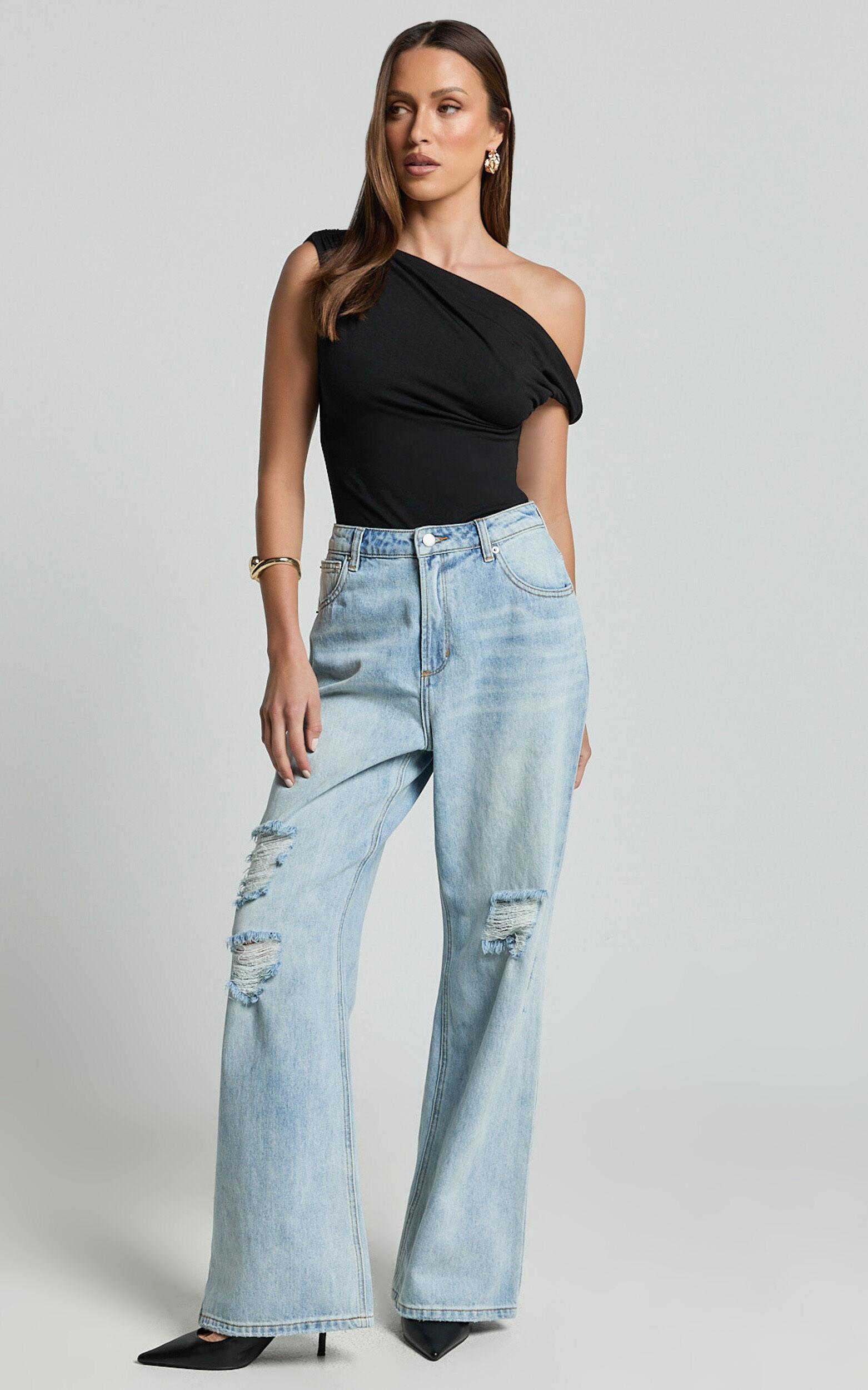 Cate Jeans - Baggy High Waist Ripped Wide Leg Recycled Denim Jeans in Light Blue Wash Product Image