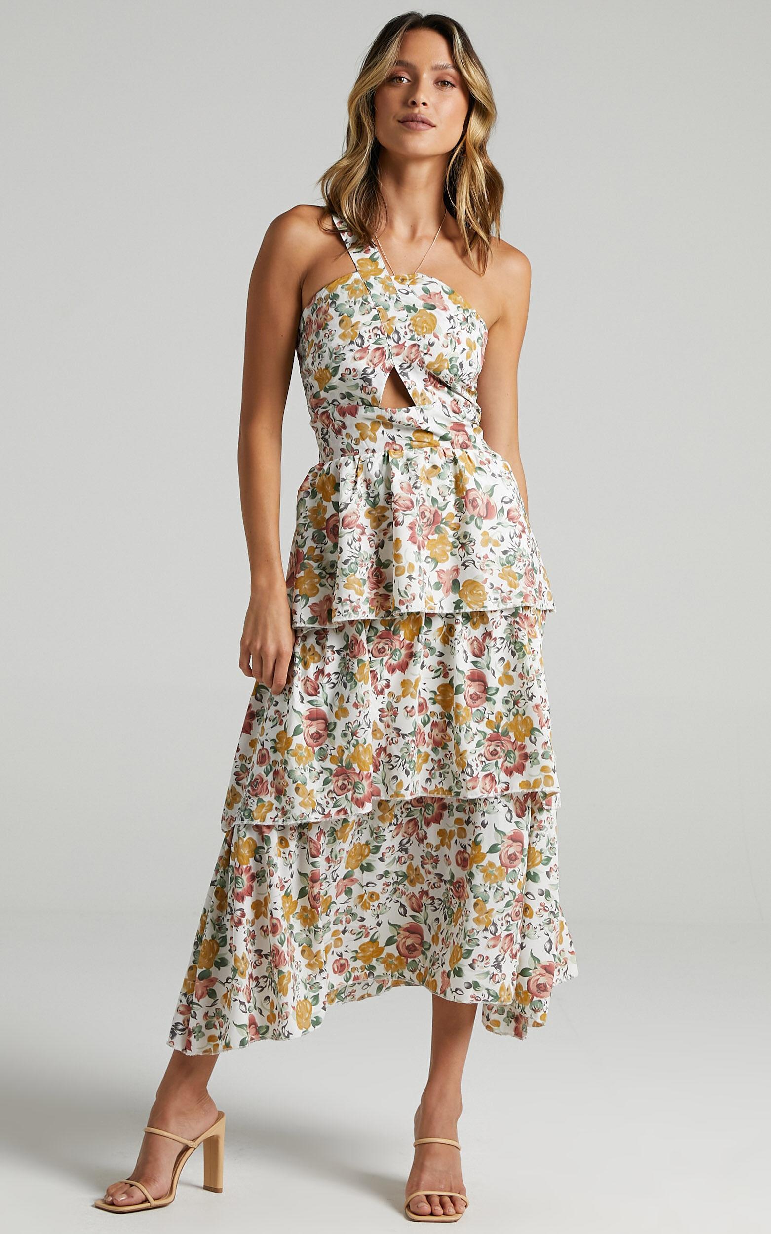 Caro Midi Dress - One Shoulder Tiered Dress in Multi Floral Product Image