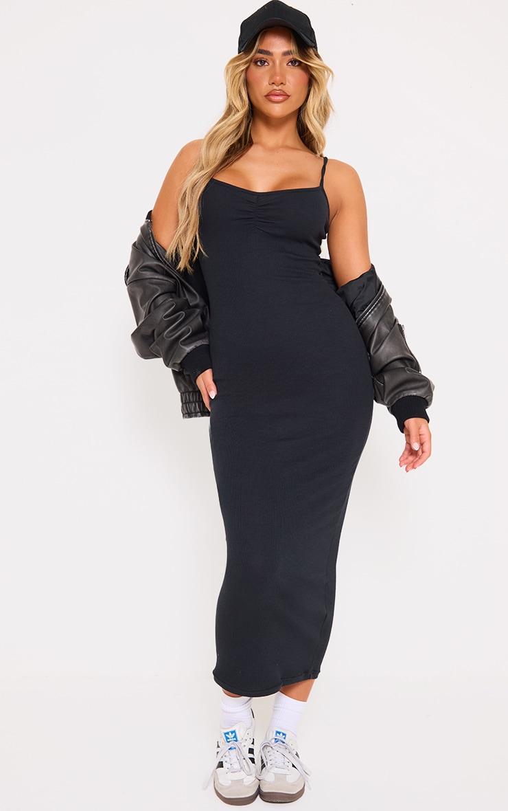 Black Rib Ruched Bust Strappy Midaxi Dress Product Image