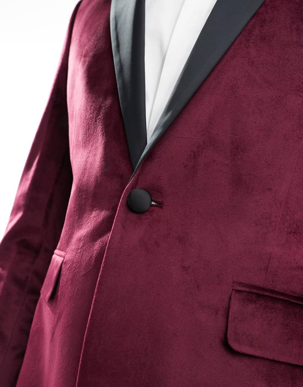 ASOS DESIGN skinny velvet tuxedo blazer in burgundy Product Image