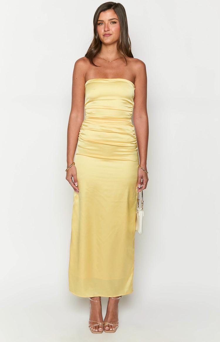 Yellow Bloom Satin Strapless Maxi Dress Product Image