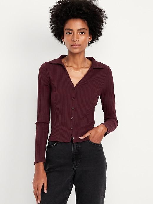 Slim Ribbed Button-Down Top Product Image