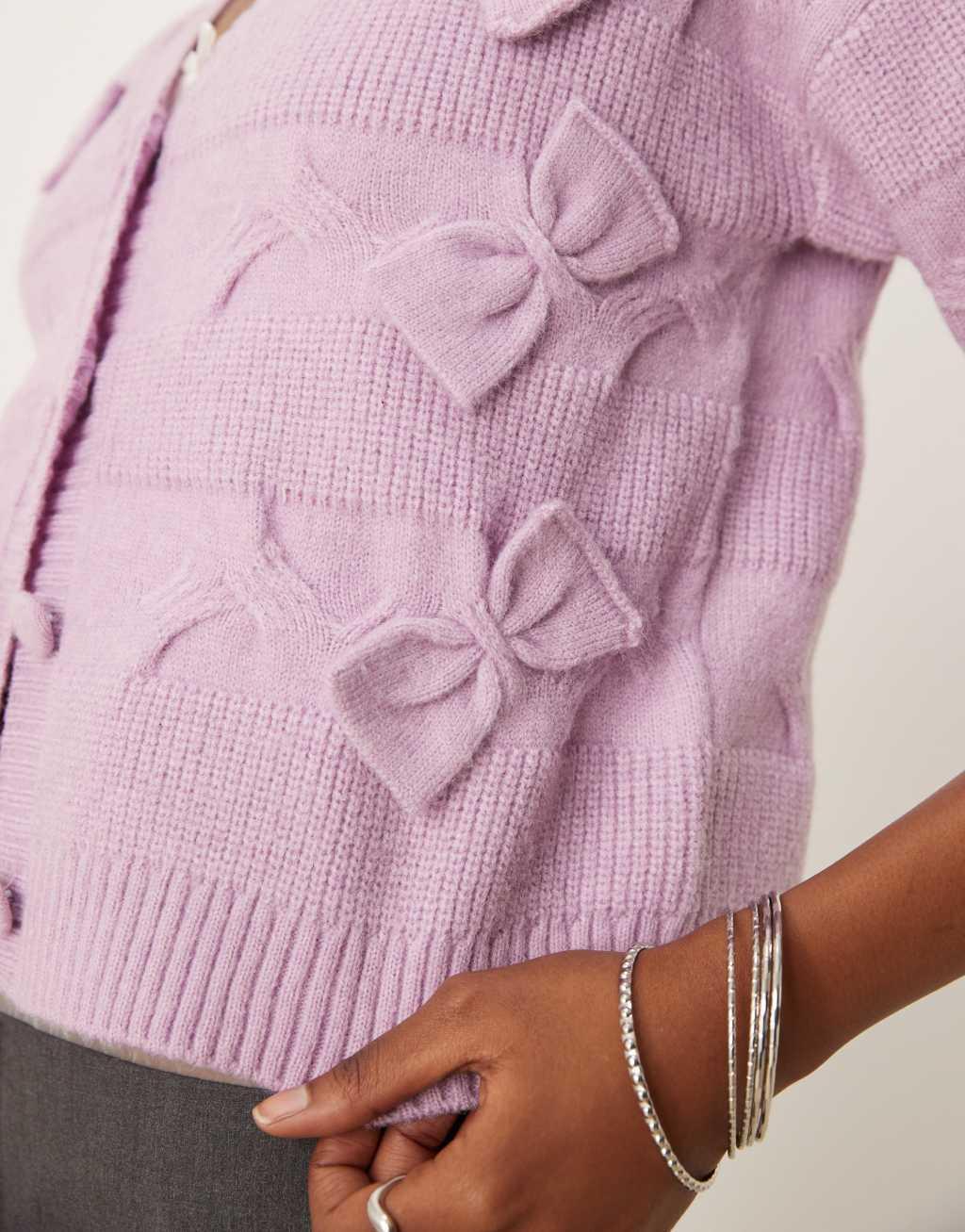 The Frolic exclusive cable knit bow detail button through cardigan in lilac  Product Image