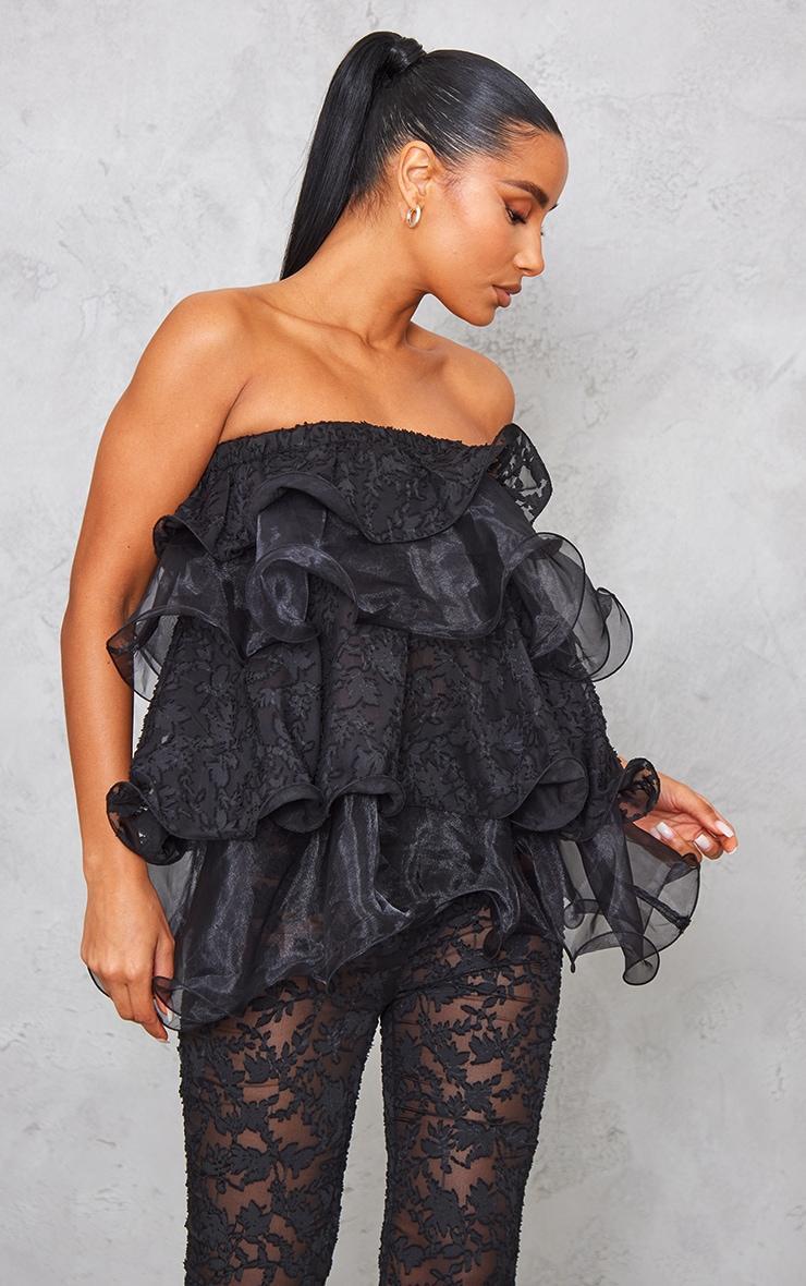 Black Sheer Textured Lace Tiered Ruffle Bandeau Product Image