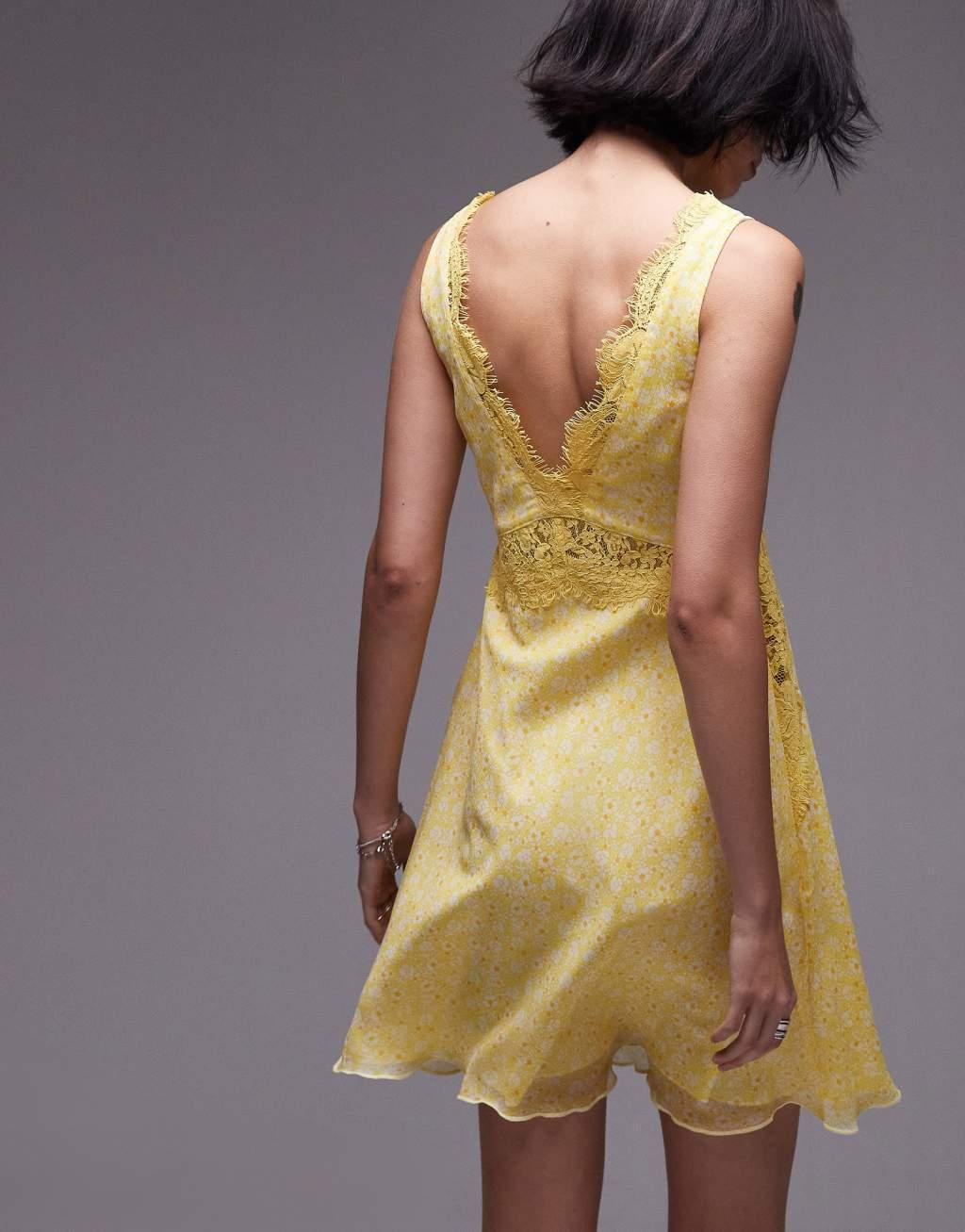 Topshop floral lace mini flippy dress in yellow print Product Image