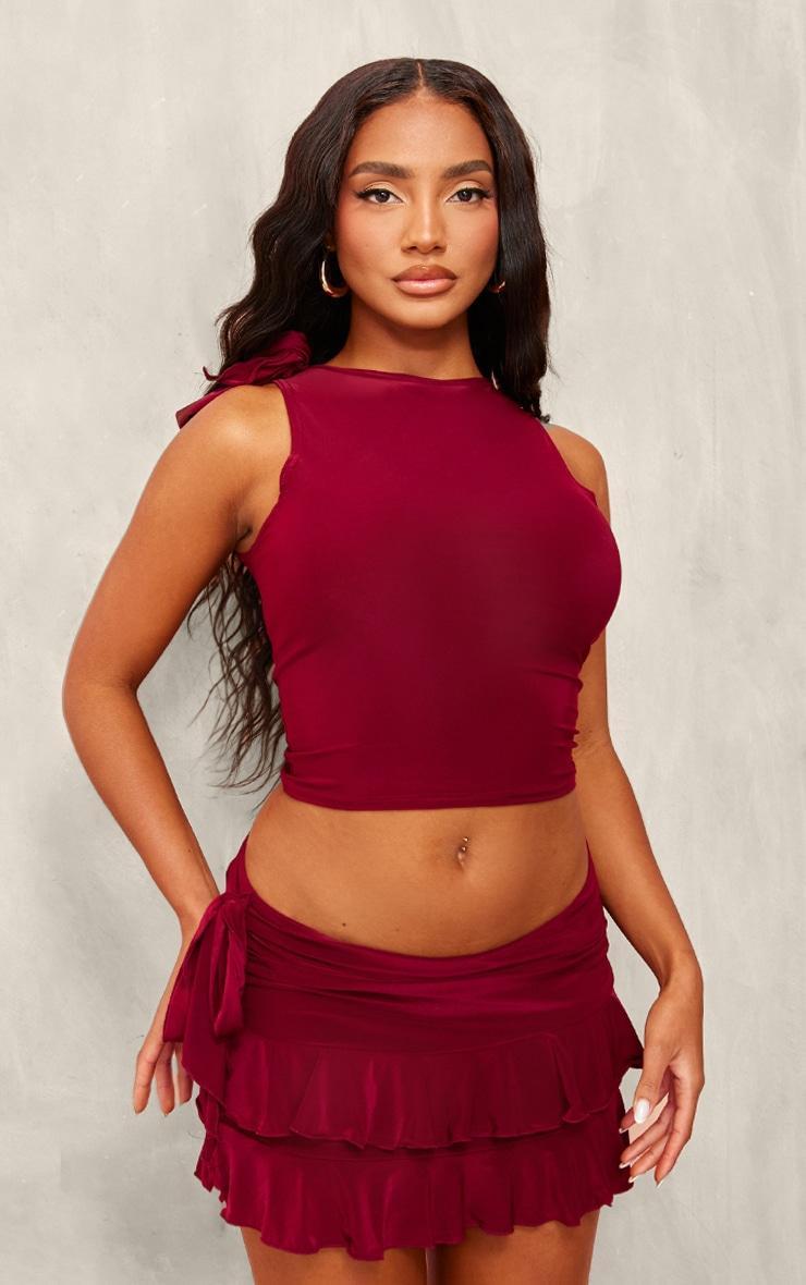 Burgundy Slinky Ruffle Detail Top Product Image