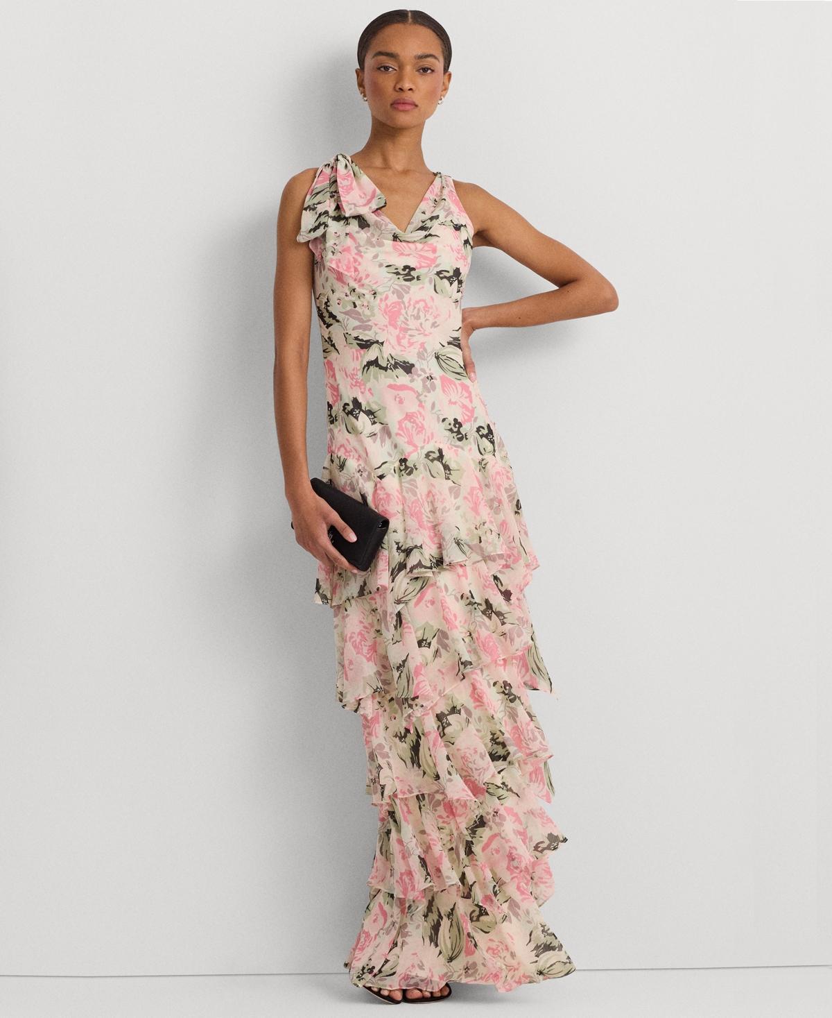 Lauren Ralph Lauren Womens Tiered Ruffled A-Line Gown - Cream/Pink Product Image