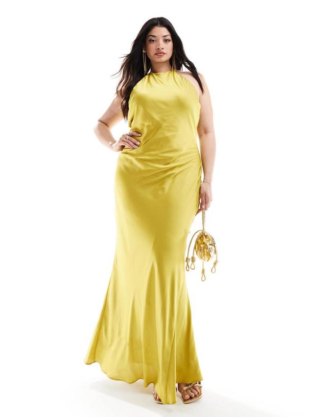 TFNC Bridesmaids Plus satin maxi dress with tie back and button detail in lime Product Image