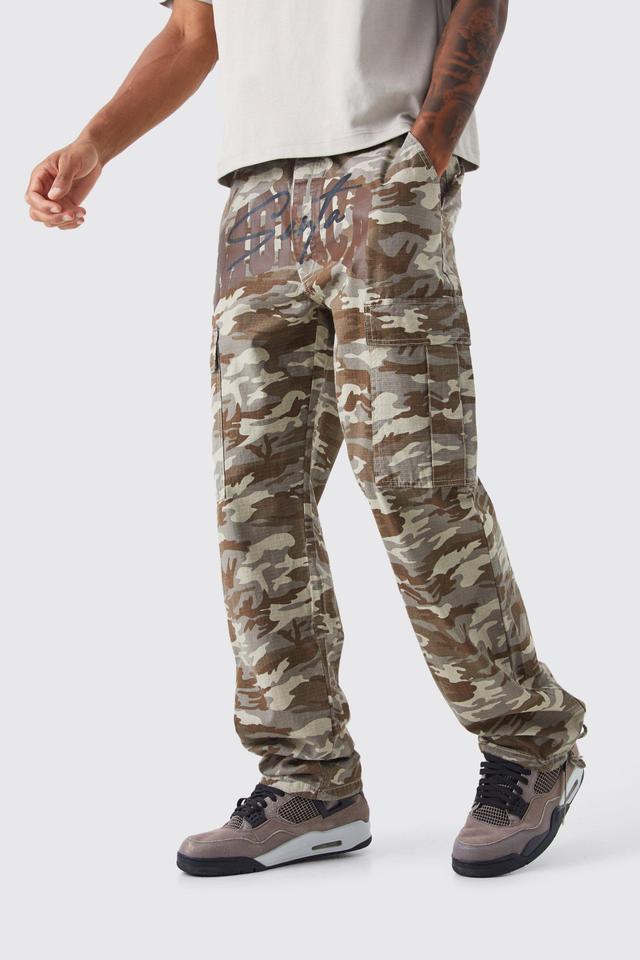 Tall Relaxed Cargo Varsity Slogan Print Camo Pants | boohooMAN USA Product Image