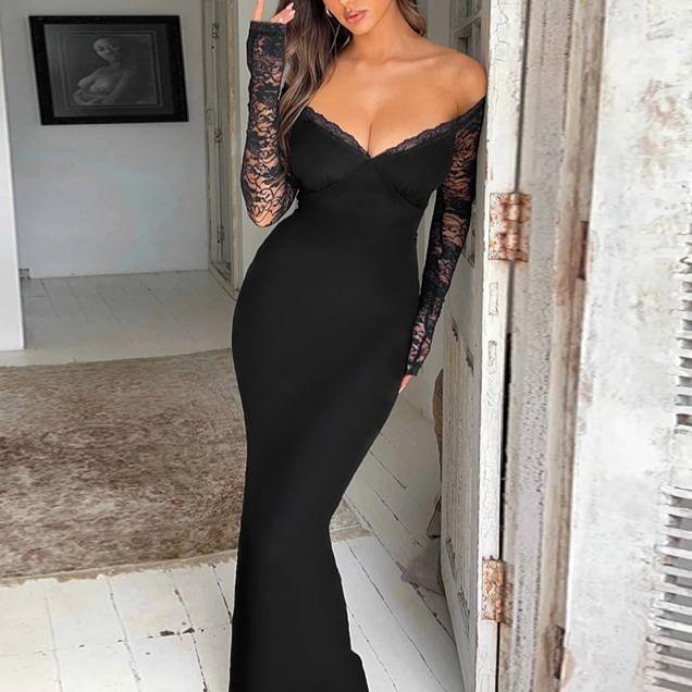 Long Sleeve Off Shoulder Plain Panel Lace Maxi Mermaid Dress Product Image