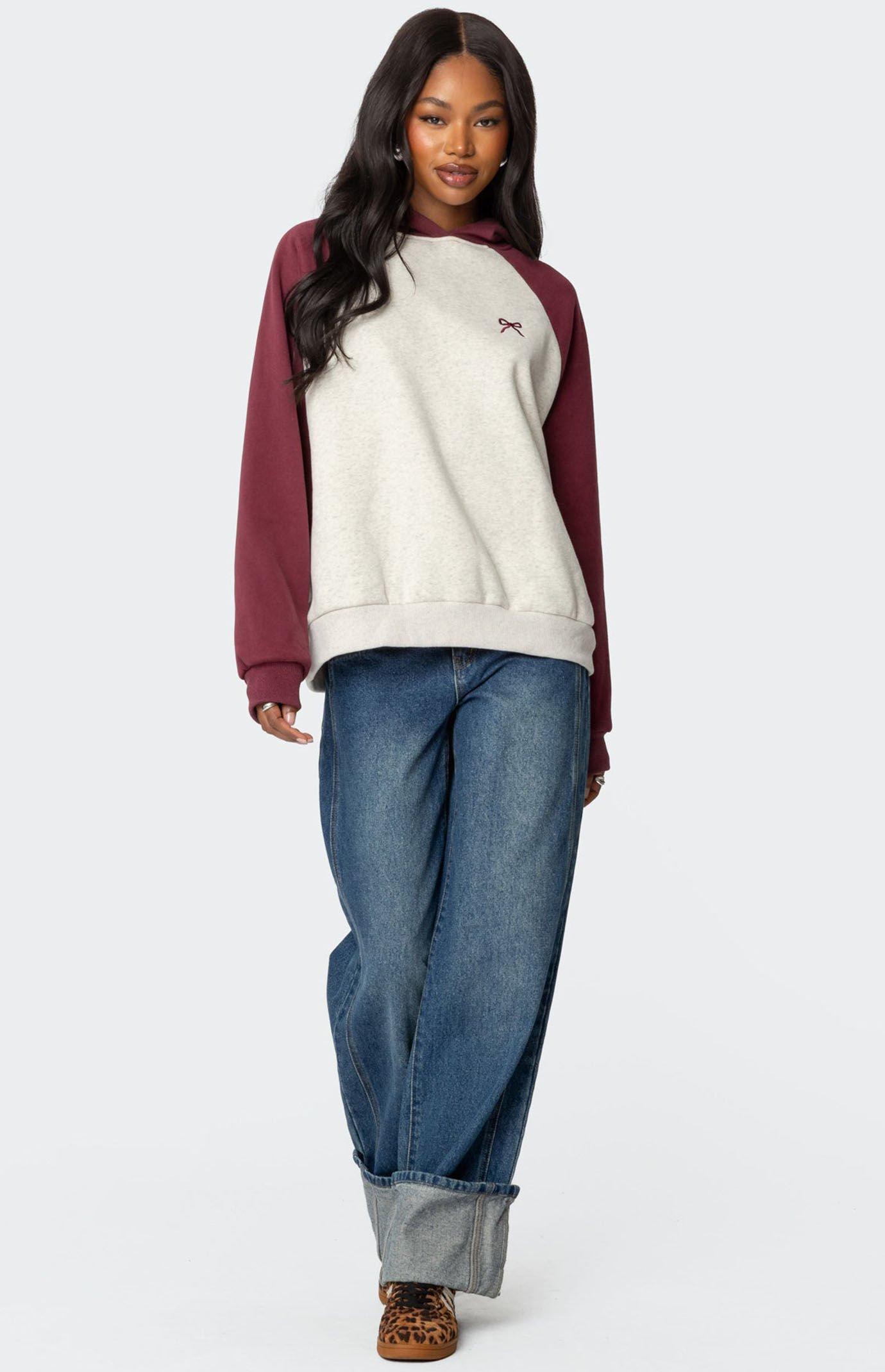 Edikted Women's Raglan Bow Oversized Hoodie in Burgandy/Grey - Product Image