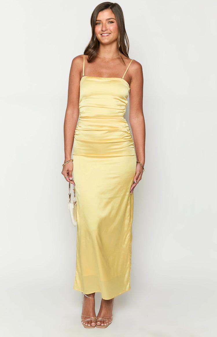 Yellow Bloom Satin Strapless Maxi Dress Product Image